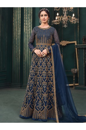 Navy Blue Net Satin Anarkali Gown